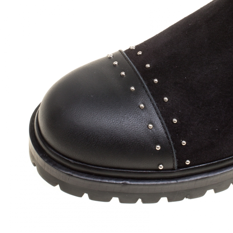 Pre Owned Alexander McQueen Black Suede and Leather Studded Shearling Fur-Lined Mid Calf Boots Size 39
