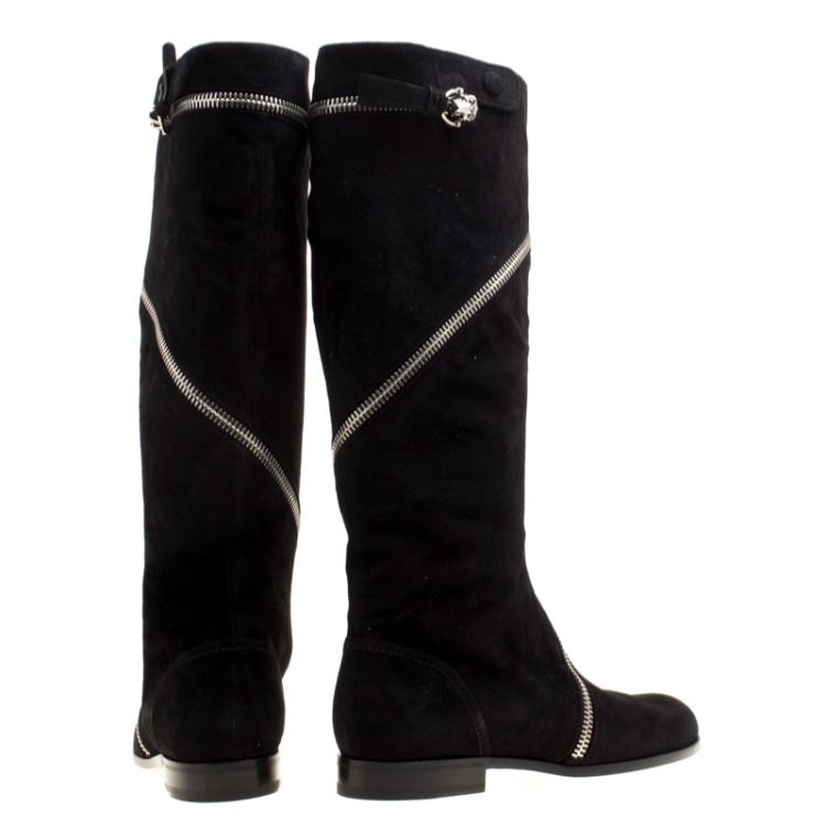 مملوكة مسبقًا Alexander McQueen Black Suede Spiral Zip Knee Length Boots Size 41