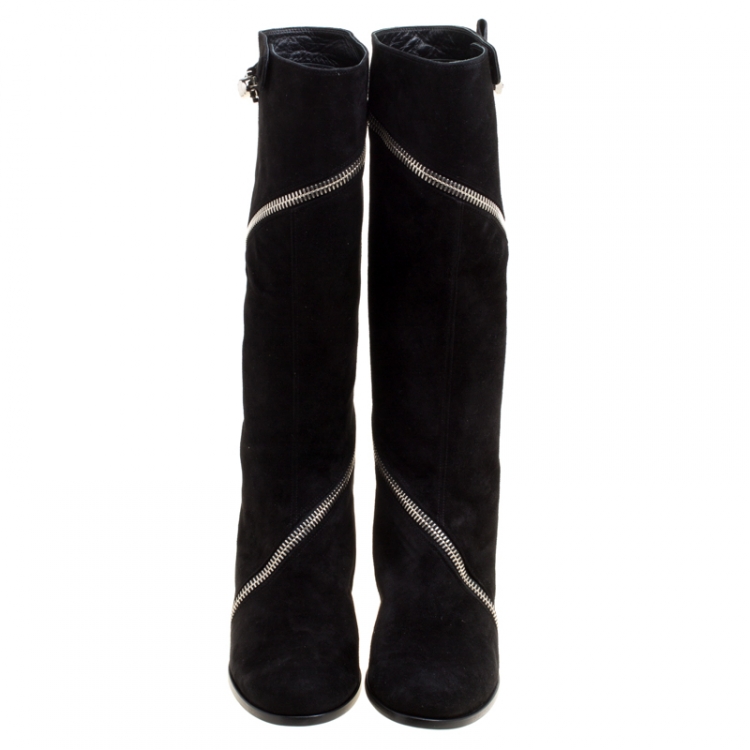 مملوكة مسبقًا Alexander McQueen Black Suede Spiral Zip Knee Length Boots Size 41