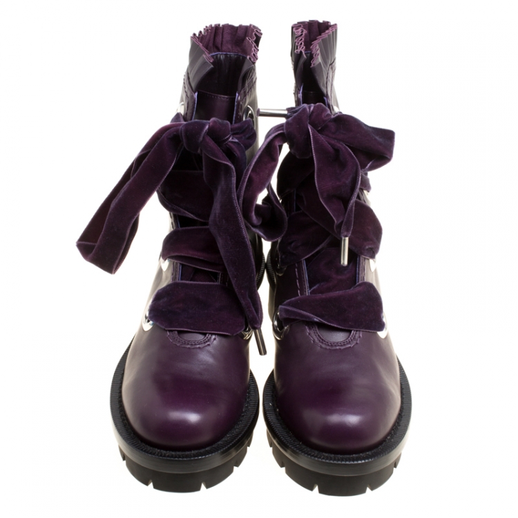 Pre Owned Alexander McQueen Purple Leather Pleat Trim Platform Biker Boots Size 40