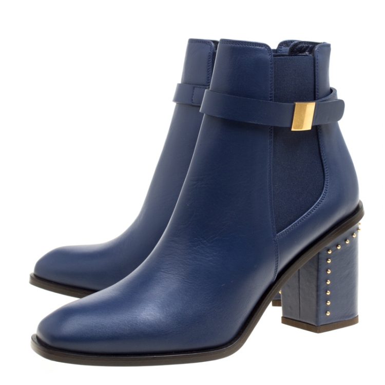 Pre Owned Alexander McQueen Midnight Blue Leather Studded Heel Ankle Boots Size 38