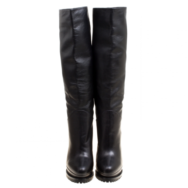 Pre Owned Alexander McQueen Black Leather Platform Knee Boots Size 39