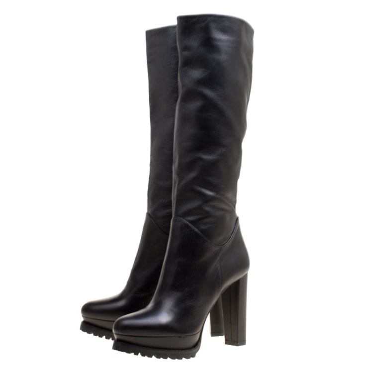 Pre Owned Alexander McQueen Black Leather Platform Knee Boots Size 39