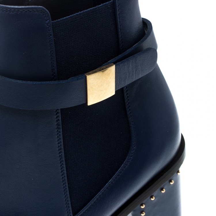 Pre Owned Alexander McQueen Midnight Blue Leather Studded Heel Ankle Boots Size 39