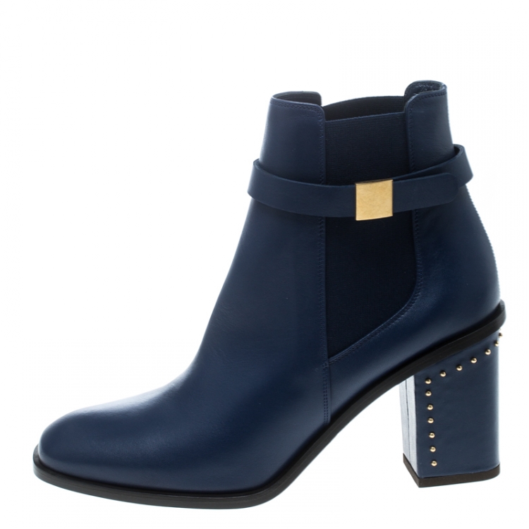 Pre Owned Alexander McQueen Midnight Blue Leather Studded Heel Ankle Boots Size 39