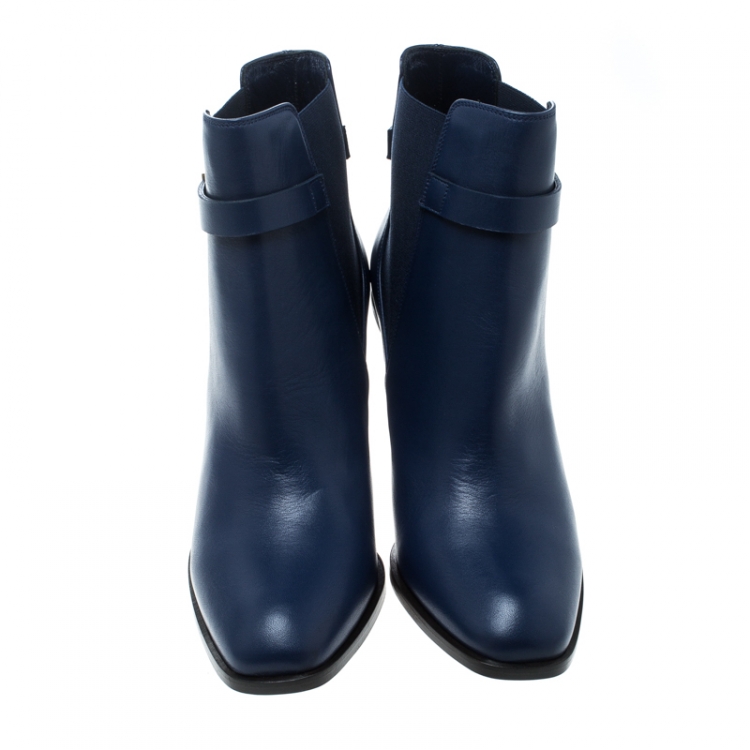 Pre Owned Alexander McQueen Midnight Blue Leather Studded Heel Ankle Boots Size 39