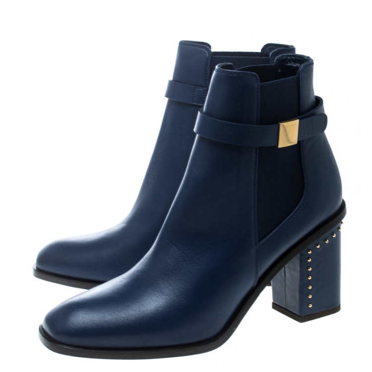 Pre Owned Alexander McQueen Midnight Blue Leather Studded Heel Ankle Boots Size 39
