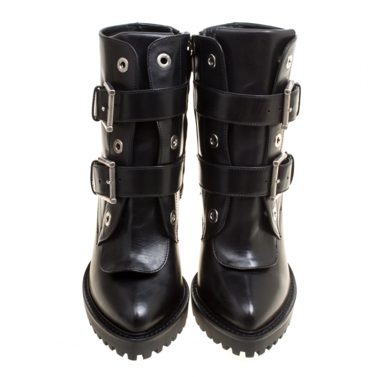 مملوكة مسبقًا Alexander McQueen Black Leather Buckle Detail Platform Boots Size 36