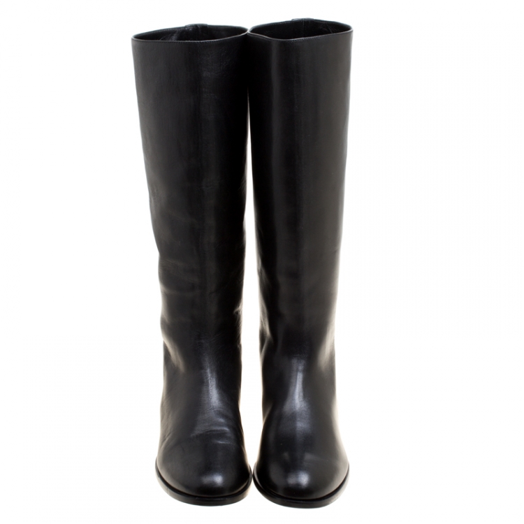 Pre Owned Alexander McQueen Black Leather Spike Studded Knee Boots Size 41