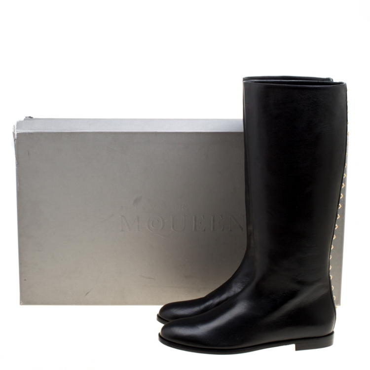 Pre Owned Alexander McQueen Black Leather Spike Studded Knee Boots Size 41