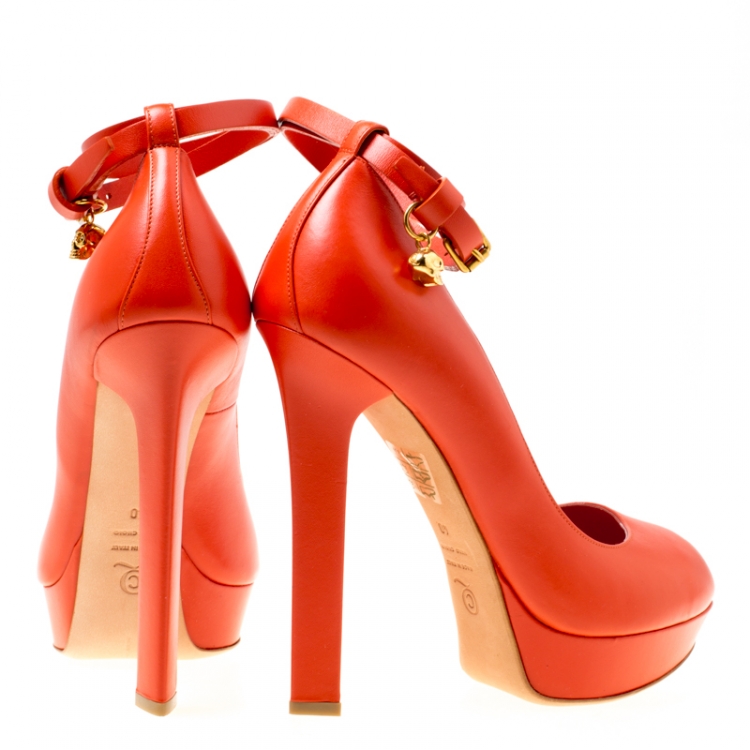 Pre Owned Alexander McQueen Orange Leather Ankle Wrap Peep Toe Platform Pumps Size 40