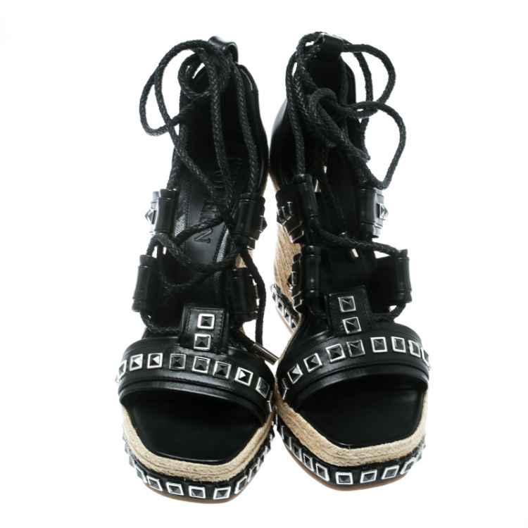Pre Owned Alexander McQueen Black Leather Stud Detail Ankle Tie Espadrille Wedge Sandals Size 39