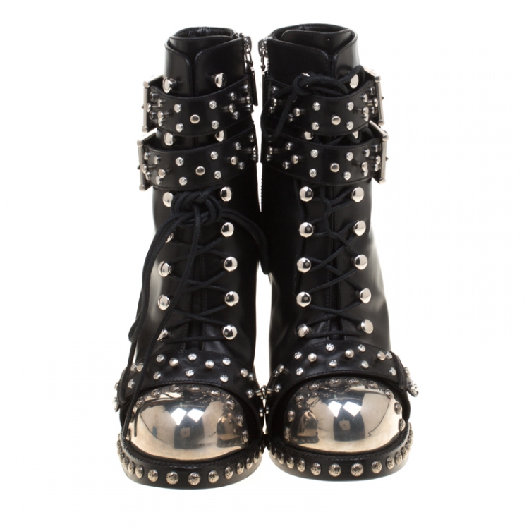 Pre Owned Alexander McQueen Black Leather Studded Armour Heel Platform Ankle Boots Size 39