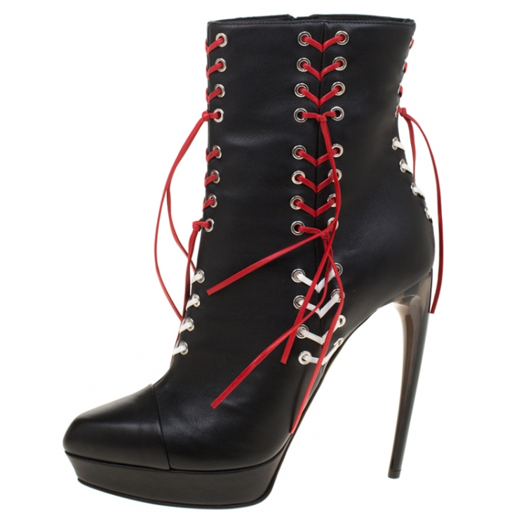 Pre Owned Alexander McQueen Black Leather With Two Tone Cord Detail Curve Heel Platform Ankle Boots Size 39