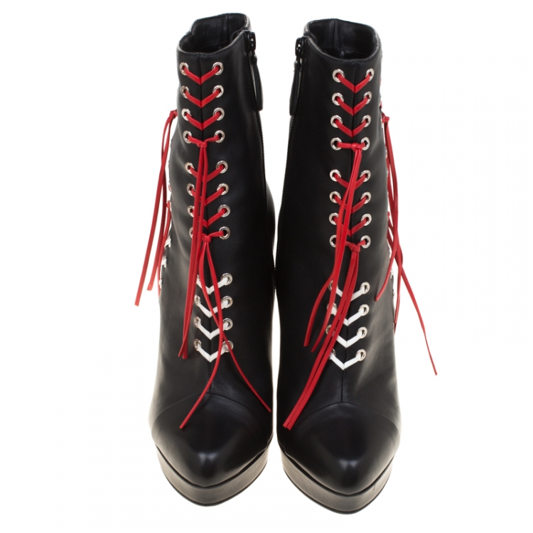 Pre Owned Alexander McQueen Black Leather With Two Tone Cord Detail Curve Heel Platform Ankle Boots Size 39