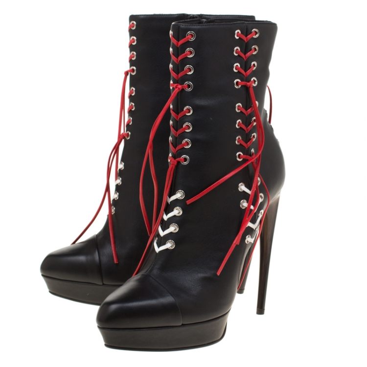 Pre Owned Alexander McQueen Black Leather With Two Tone Cord Detail Curve Heel Platform Ankle Boots Size 40