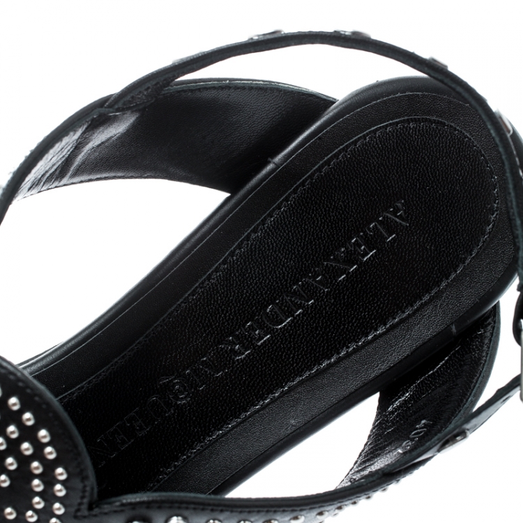 Pre Owned Alexander McQueen Black Studded Leather Flat Sandals Size 38.5