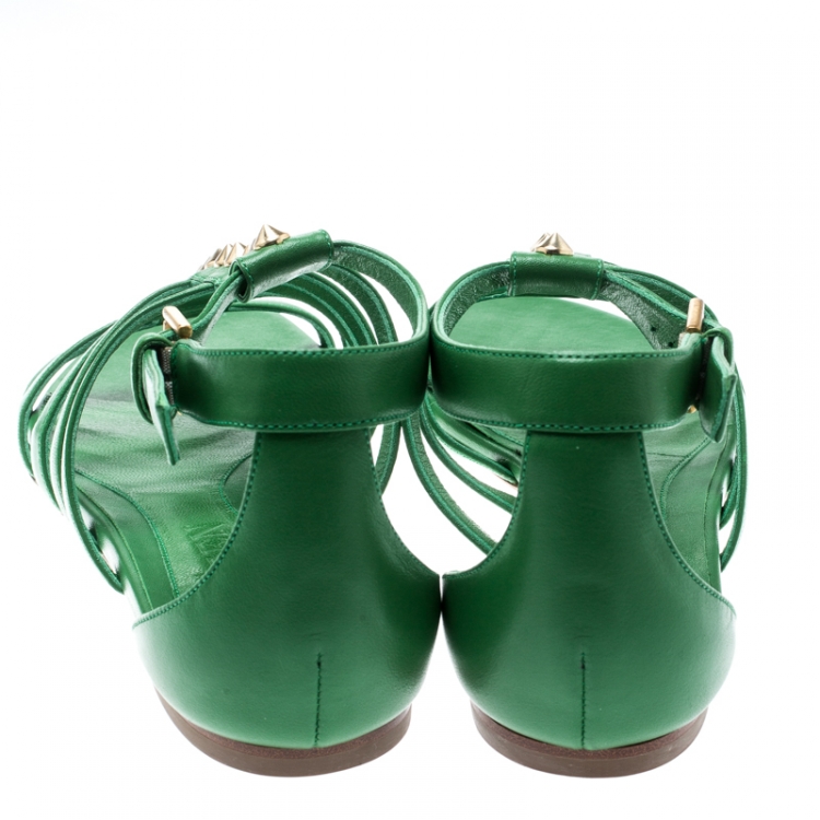 Pre Owned Alexander McQueen Green Leather Spike Detail Flat Gladiator Sandals Size 39