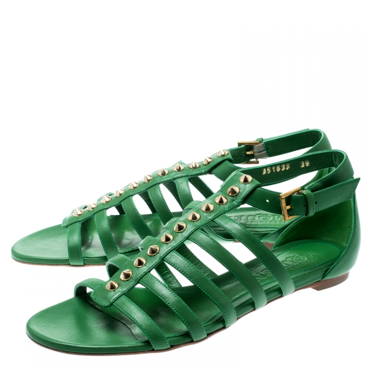 Pre Owned Alexander McQueen Green Leather Spike Detail Flat Gladiator Sandals Size 39