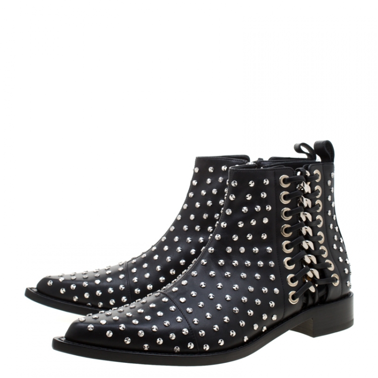 Pre Owned Alexander McQueen Black Leather Studded Pointed Toe Ankle Boots Size 41