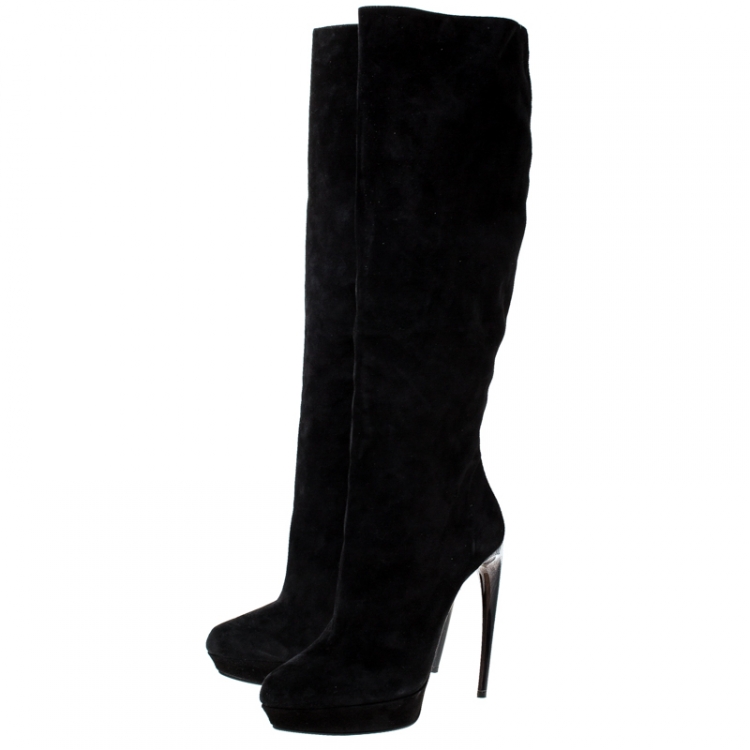 Pre Owned Alexander McQueen Black Suede Curved Heel Platform Knee Length Boots Size 39