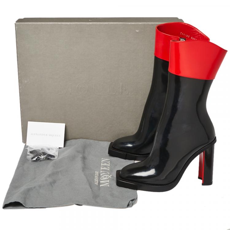 مملوكة مسبقًا Alexander McQueen Black/Red Patent Leather Hybrid Mid Calf Boots Size 36