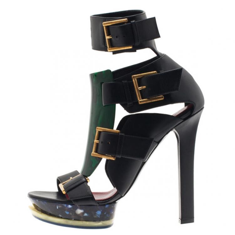 Pre Owned Alexander McQueen Black Plexi Plaque Strappy Platform Sandals Size 39