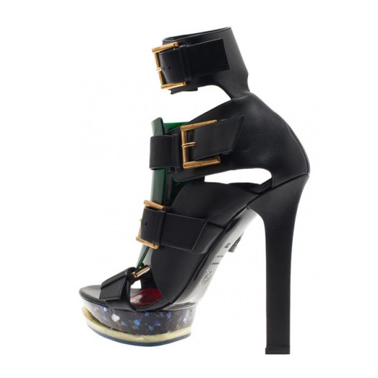Pre Owned Alexander McQueen Black Plexi Plaque Strappy Platform Sandals Size 39