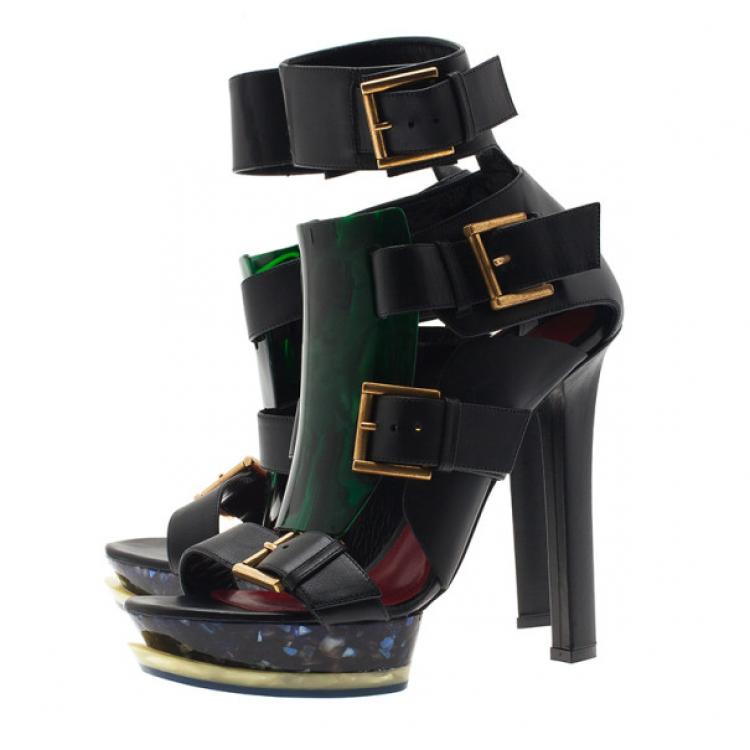 Pre Owned Alexander McQueen Black Plexi Plaque Strappy Platform Sandals Size 39