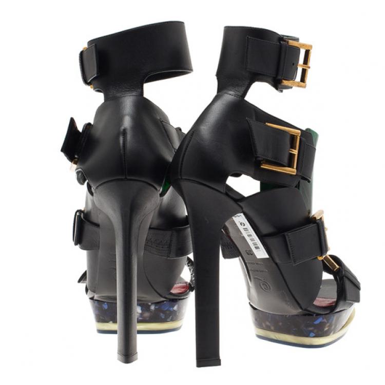 Pre Owned Alexander McQueen Black Plexi Plaque Strappy Platform Sandals Size 39