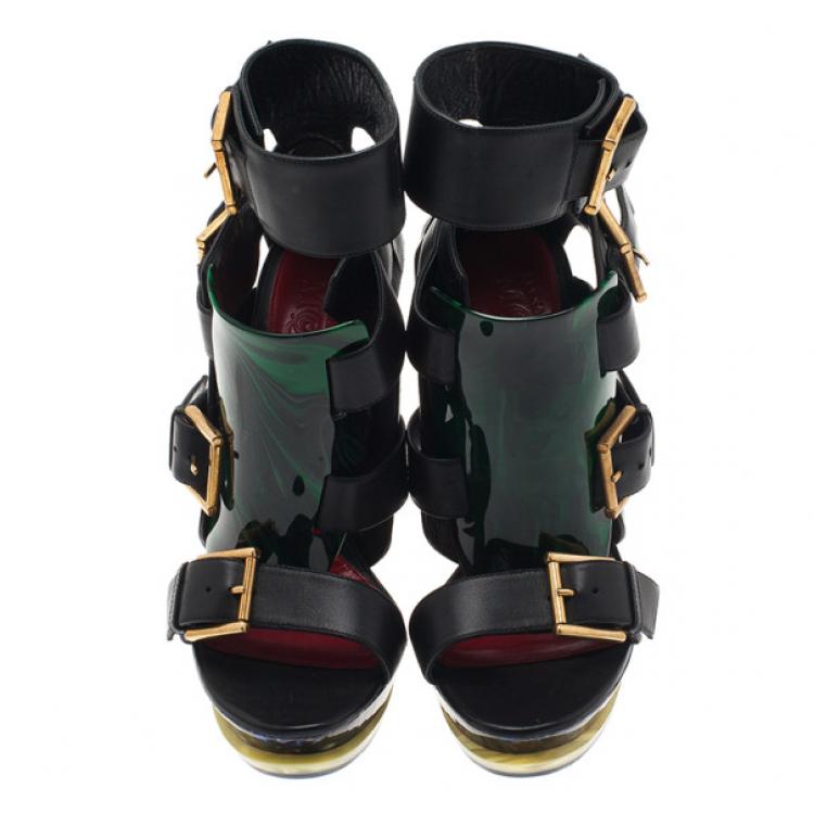 Pre Owned Alexander McQueen Black Plexi Plaque Strappy Platform Sandals Size 39