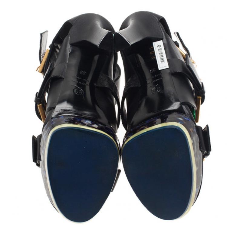 Pre Owned Alexander McQueen Black Plexi Plaque Strappy Platform Sandals Size 39