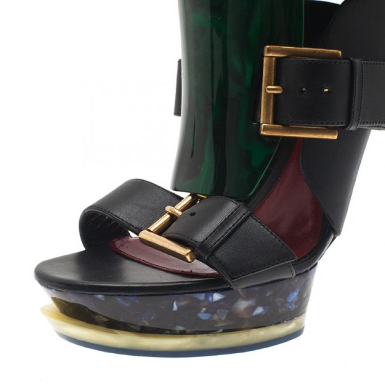 Pre Owned Alexander McQueen Black Plexi Plaque Strappy Platform Sandals Size 39