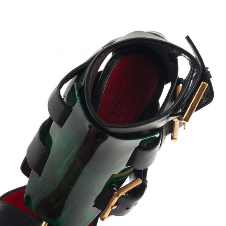 Pre Owned Alexander McQueen Black Plexi Plaque Strappy Platform Sandals Size 39