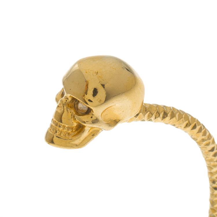 Pre Owned Alexander McQueen Twin Skull Gold Tone Open Cuff Bracelet 19cm