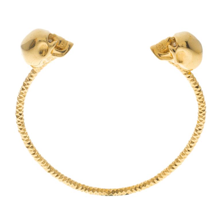 Pre Owned Alexander McQueen Twin Skull Gold Tone Open Cuff Bracelet 19cm