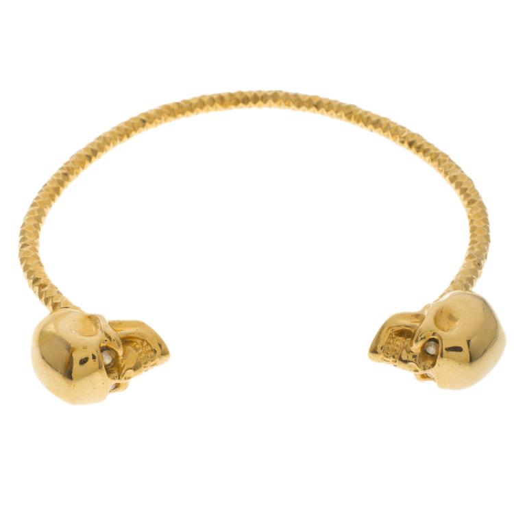 Pre Owned Alexander McQueen Twin Skull Gold Tone Open Cuff Bracelet 19cm