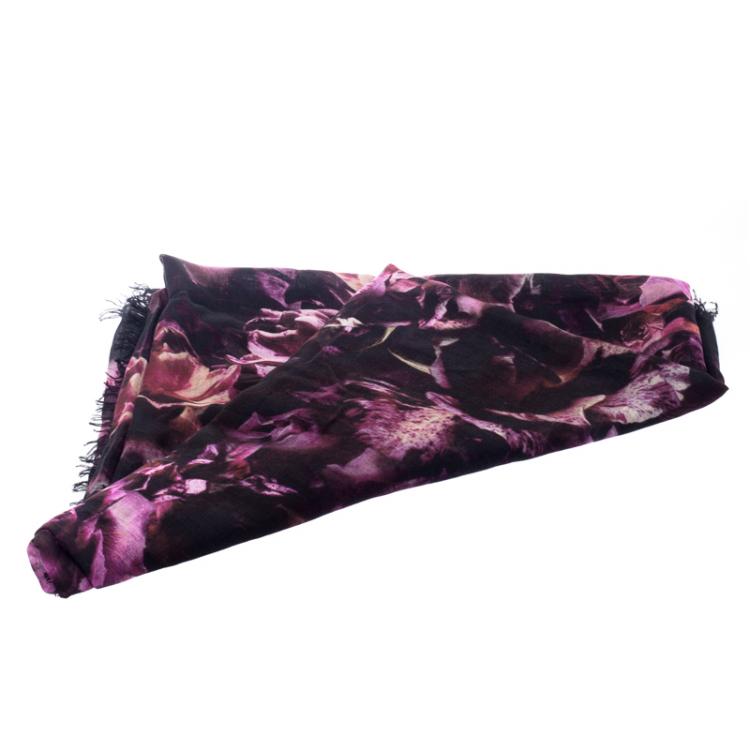 Pre Owned Alexander McQueen Black Floral Print Fringed Edge Scarf
