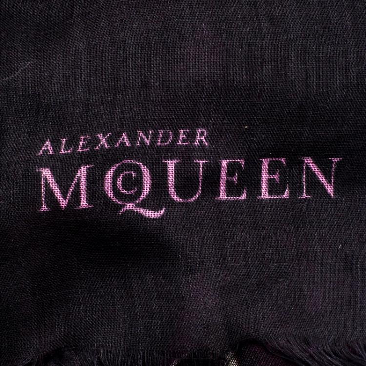 Pre Owned Alexander McQueen Black Floral Print Fringed Edge Scarf