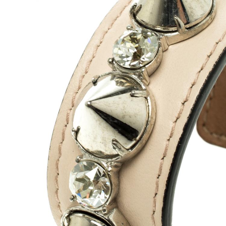 Pre Owned Alexander McQueen Pink Spiked Crystal Leather Open Cuff Bracelet