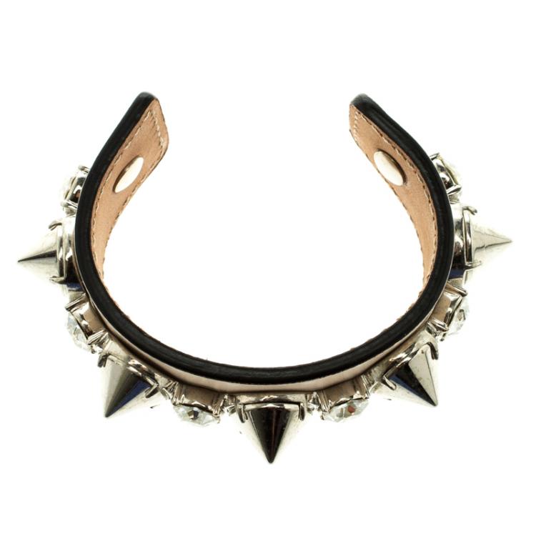 Pre Owned Alexander McQueen Pink Spiked Crystal Leather Open Cuff Bracelet