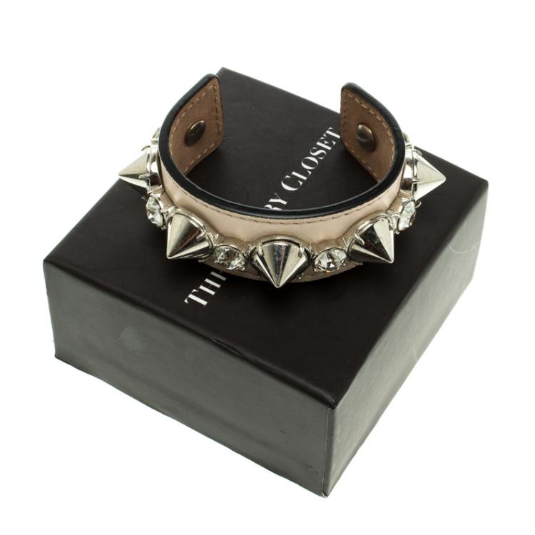 Pre Owned Alexander McQueen Pink Spiked Crystal Leather Open Cuff Bracelet