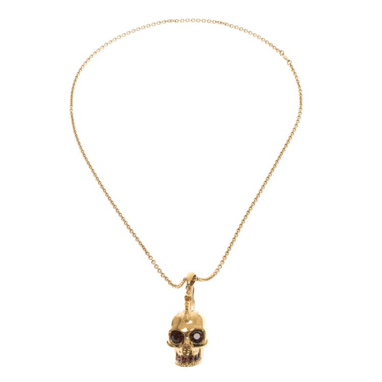 Pre Owned Alexander Mcqueen Mohawk Skull Crystal Studded Gold Tone Necklace