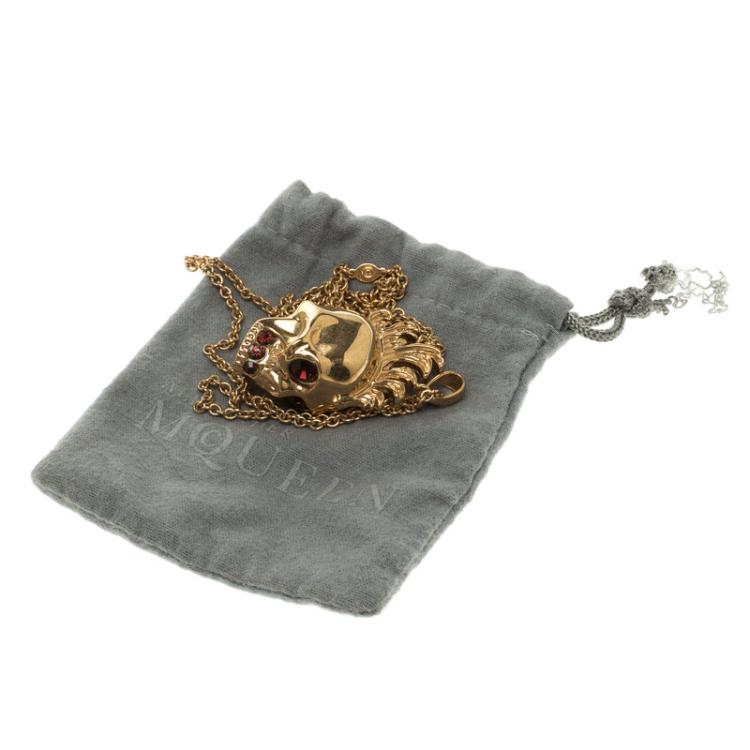 Pre Owned Alexander Mcqueen Mohawk Skull Crystal Studded Gold Tone Necklace