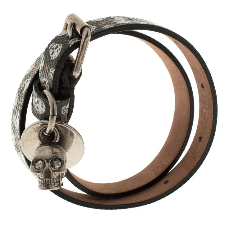 Pre Owned Alexander McQueen Black Skull Printed Leather Double Wrap Skull Charm Bracelet 