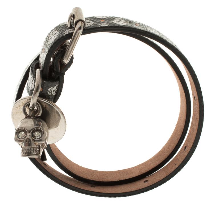 Pre Owned Alexander McQueen Black Skull Printed Leather Double Wrap Skull Charm Bracelet 