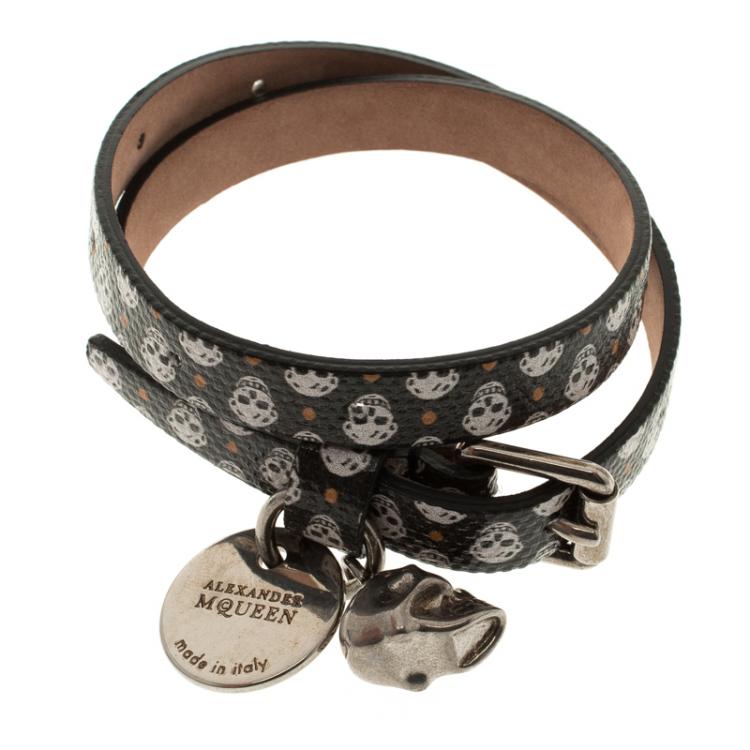 Pre Owned Alexander McQueen Black Skull Printed Leather Double Wrap Skull Charm Bracelet 