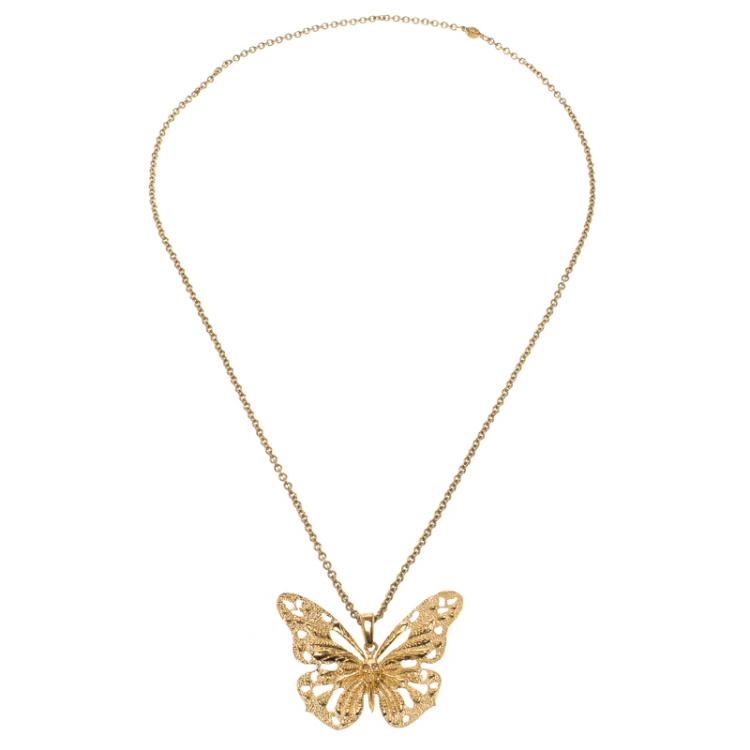 Pre Owned Alexander McQueen Butterfly Gold Tone Pendant Necklace 