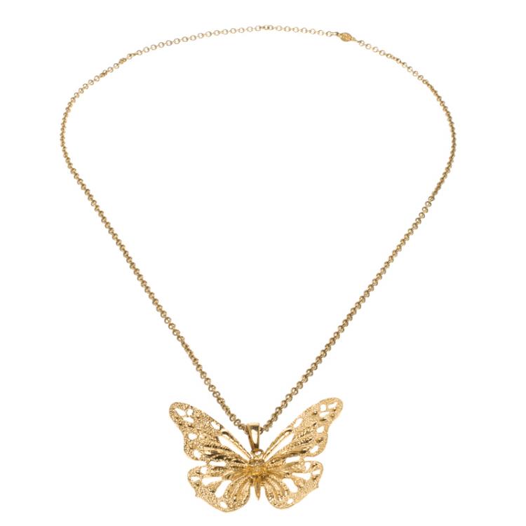 Pre Owned Alexander McQueen Butterfly Gold Tone Pendant Necklace 