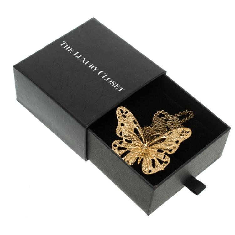 Pre Owned Alexander McQueen Butterfly Gold Tone Pendant Necklace 